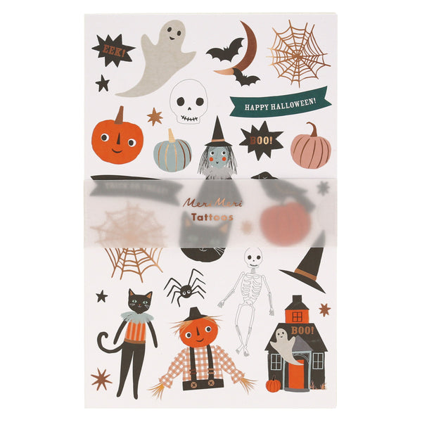 Our small Halloween tattoos have shiny copper foil details and lots of Halloween icons.