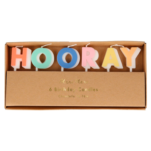 Our celebration candles spell out the word Hooray in bright coloured candles.