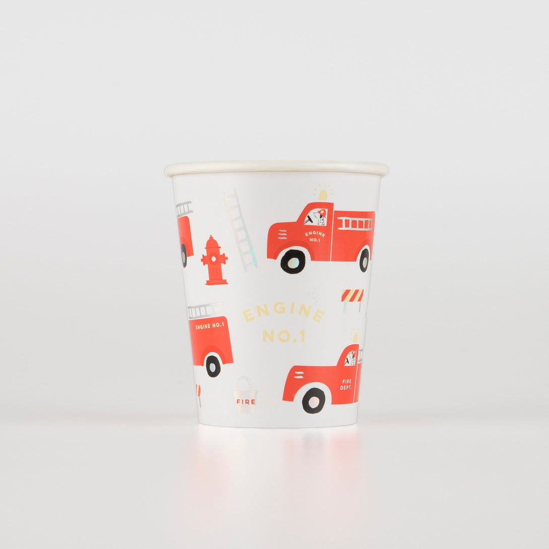 Our paper cups, with fire truck designs, are perfect for serving party drinks at a firefighter party.