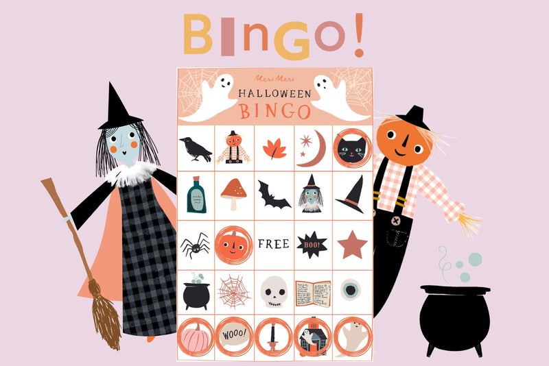 An illustrated bingo sheet filled with Halloween characters and motifs, such as witches, bats, black cats, and mushrooms, is placed between two illustrated characters of a witch and scarecrow.