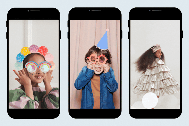 3 phones feature GIF stickers, including a pompom headband, glasses, and rainbow.