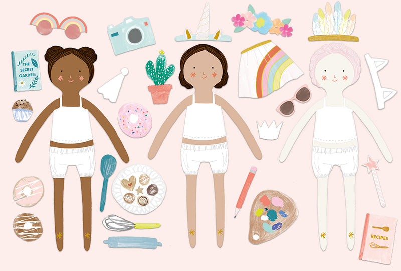 3 illustrated dolls are surrounded by accessories.