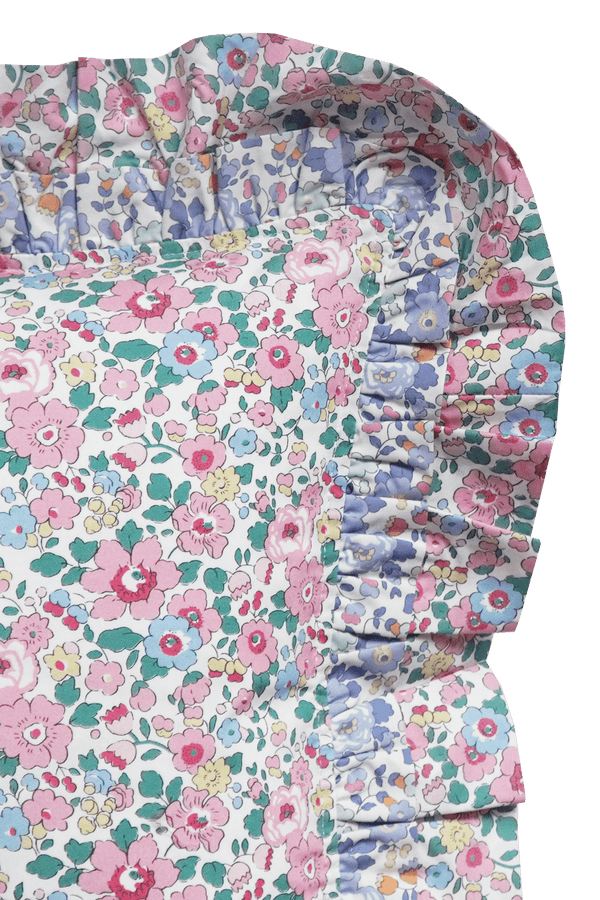 Betsy Candy Floss Double Ruffle Cushion made with Liberty Fabric