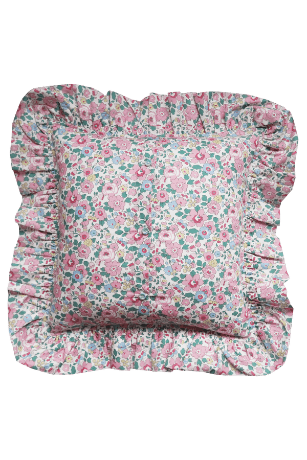 Betsy Candy Floss Double Ruffle Cushion made with Liberty Fabric