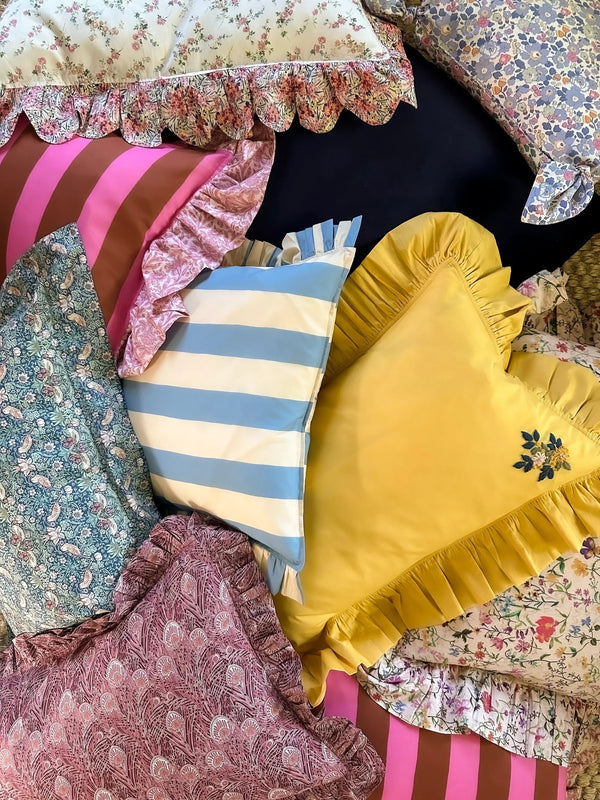 Turmeric Embroidered Ruffle Cushion made with Linen Liberty Fabric