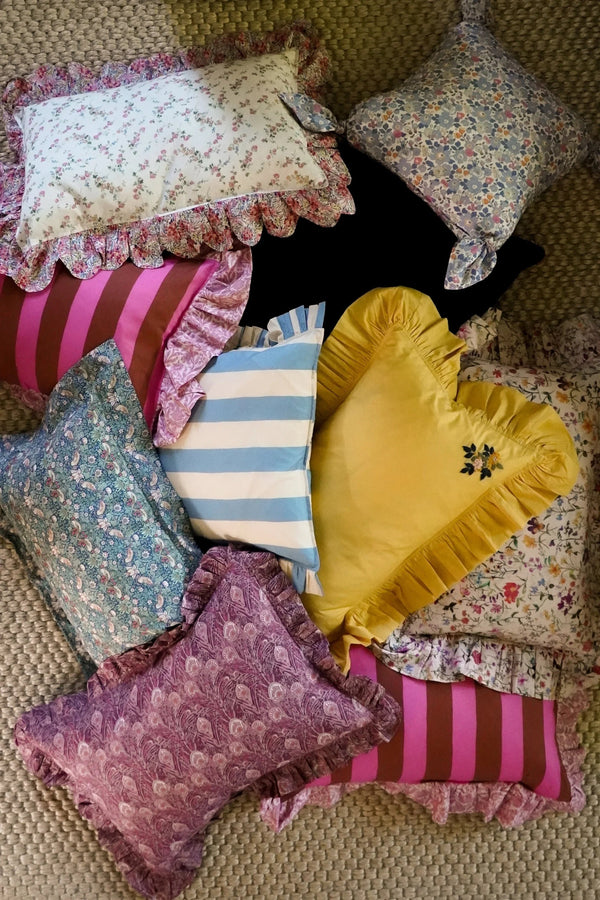 Turmeric Embroidered Ruffle Cushion made with Linen Liberty Fabric