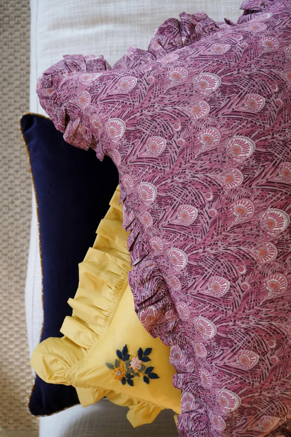 Turmeric Embroidered Ruffle Cushion made with Linen Liberty Fabric