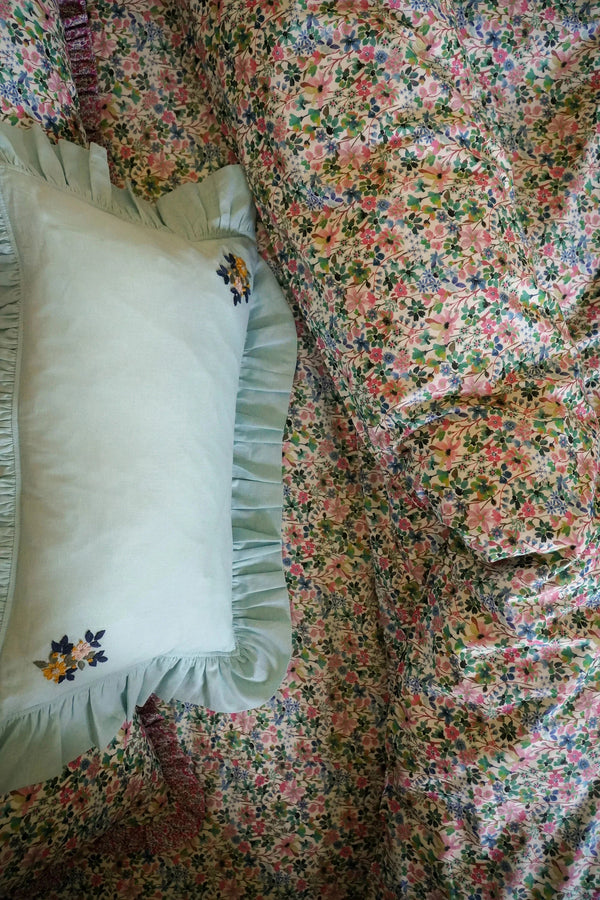 Sea Spray Embroidered Ruffle Oblong Cushion made with Liberty Fabric