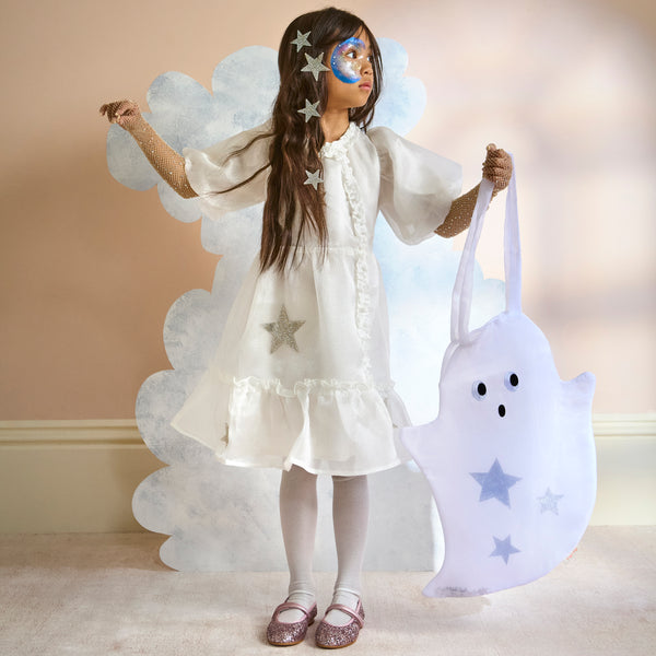 Our ghost bag is brilliant for a large trick-or-treat haul, made from white organza with shimmering silver stars it's ideal to reuse year after year. Image2