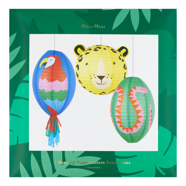 Our jungle party decorations include a set of three paper lanterns with a parrot, jaguar and snake design, perfect for a vibrant touch. Image8