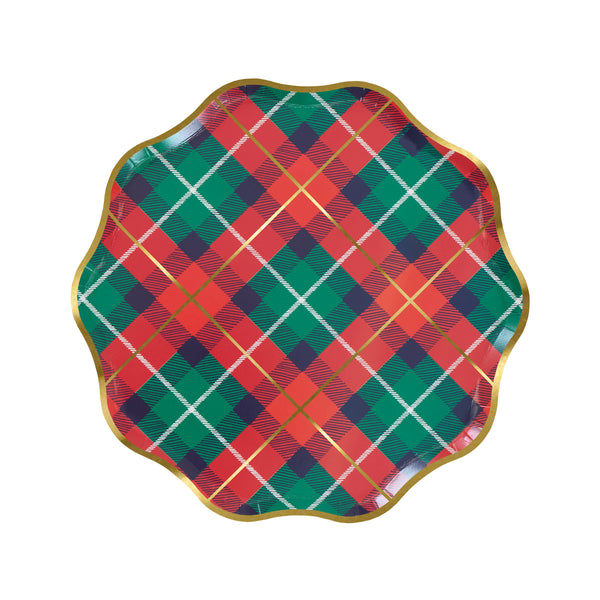 Our Christmas plates, made from paper, feature a tartan design mix in festive colours with shiny gold foil details and a wavy border. Image5