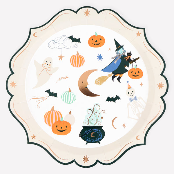 Our Halloween plates, made from paper in a dinner plate size, feature fun characters and icons teamed with an ornate edge for an elegant look. Image1