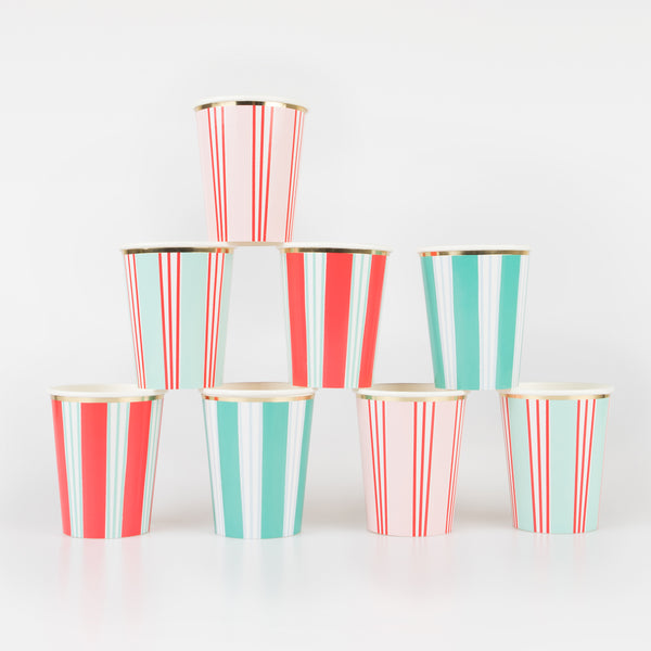 Our party cups with festive stripes are perfect to add to your Christmas party table.