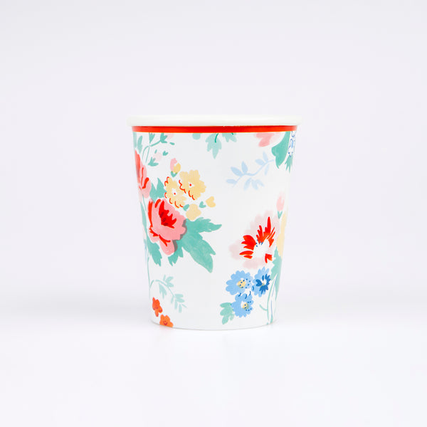 Our paper cups, with a vintage floral design, are great for hot or cold drinks at any special celebration.