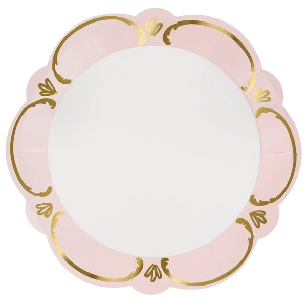 Our pastel plates, made from premium paper in pink, blue, yellow and green, with shiny gold foil details, have an elegant rococo design. Image4