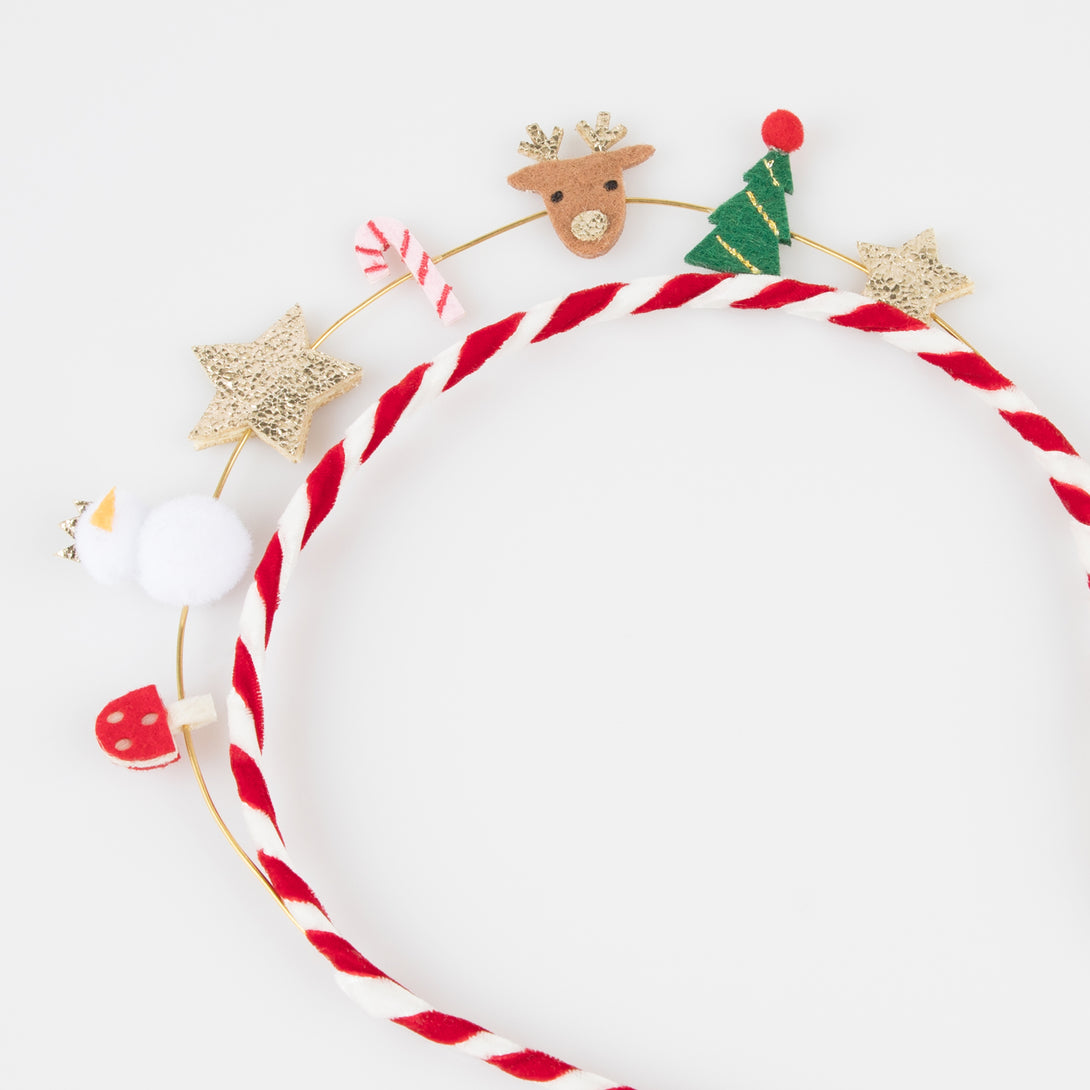 Make your Christmas hair look amazing with our festive headband with velvet ribbons and festive felt and leatherette icons.