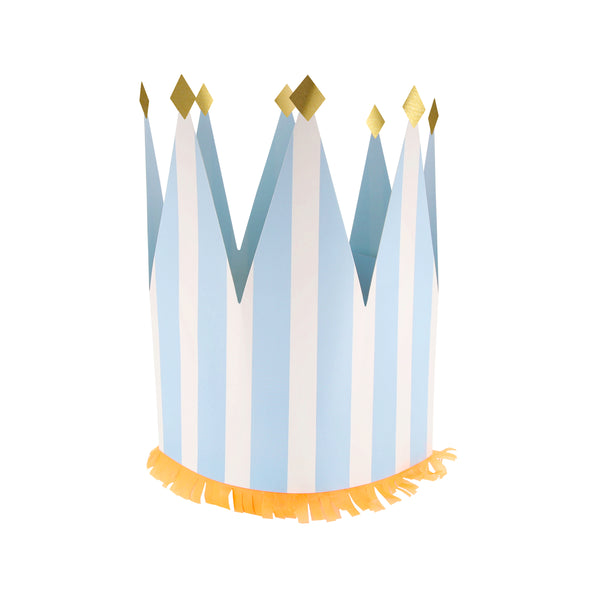 Our paper crowns, made with vibrant stripes, tissue paper fringing and shiny gold foil details, are the perfect birthday party hats. Image5