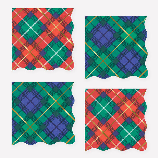 Our Christmas napkins, made from 3-ply paper, features tartan designs in seasonal colours with shiny gold foil, great for drinks and meals. Image1