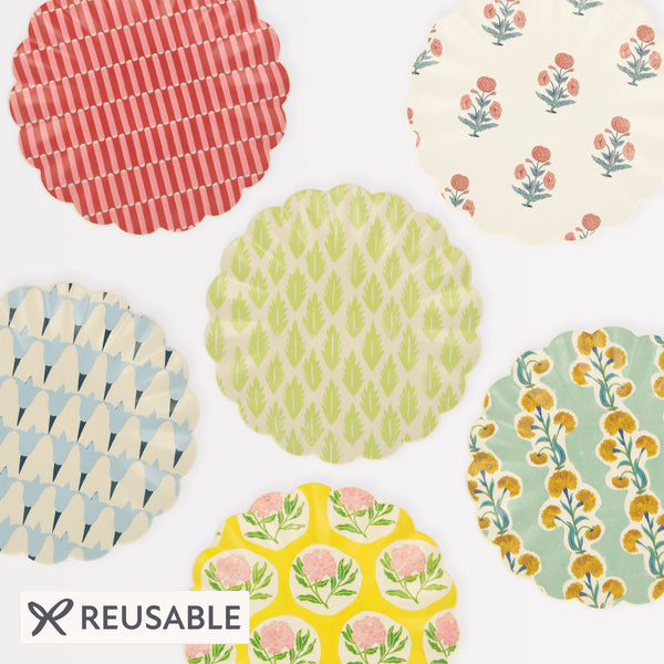Our reusable side plates, made from RPET, feature Molly Mahon block print designs. Image1