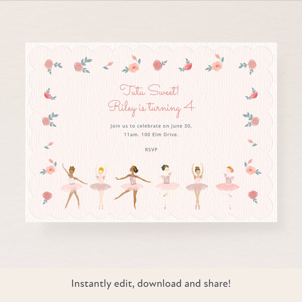 Our digital party invitation featuring pretty ballerinas is perfect for a ballet party.