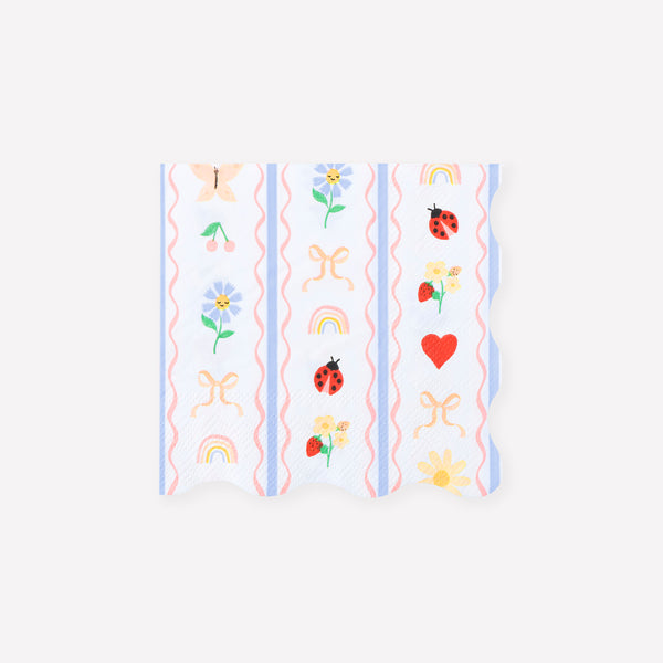 Our small paper napkins feature pretty garden-inspired designs in soft pink, blue and red, ideal as baby showers napkins and for birthdays. Image1