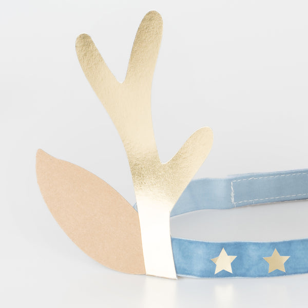 Our antler headbands, with velvet bands, shiny gold stars and antlers, and reindeer ears, make fun Christmas headwear. Image6