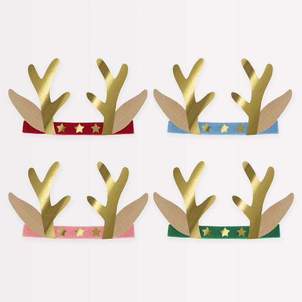 Our antler headbands, with velvet bands, shiny gold stars and antlers, and reindeer ears, make fun Christmas headwear.