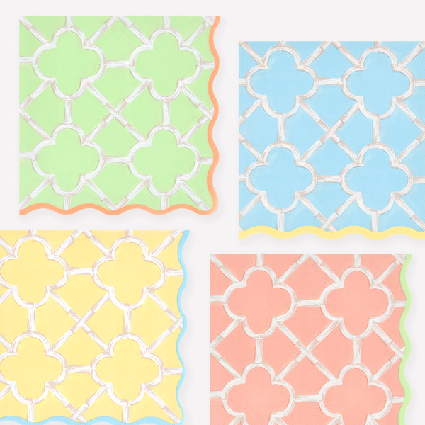 Our large napkins, made from 3-ply paper, come in four bright colours with a sensational bamboo design, perfect for birthdays and picnics. Image1