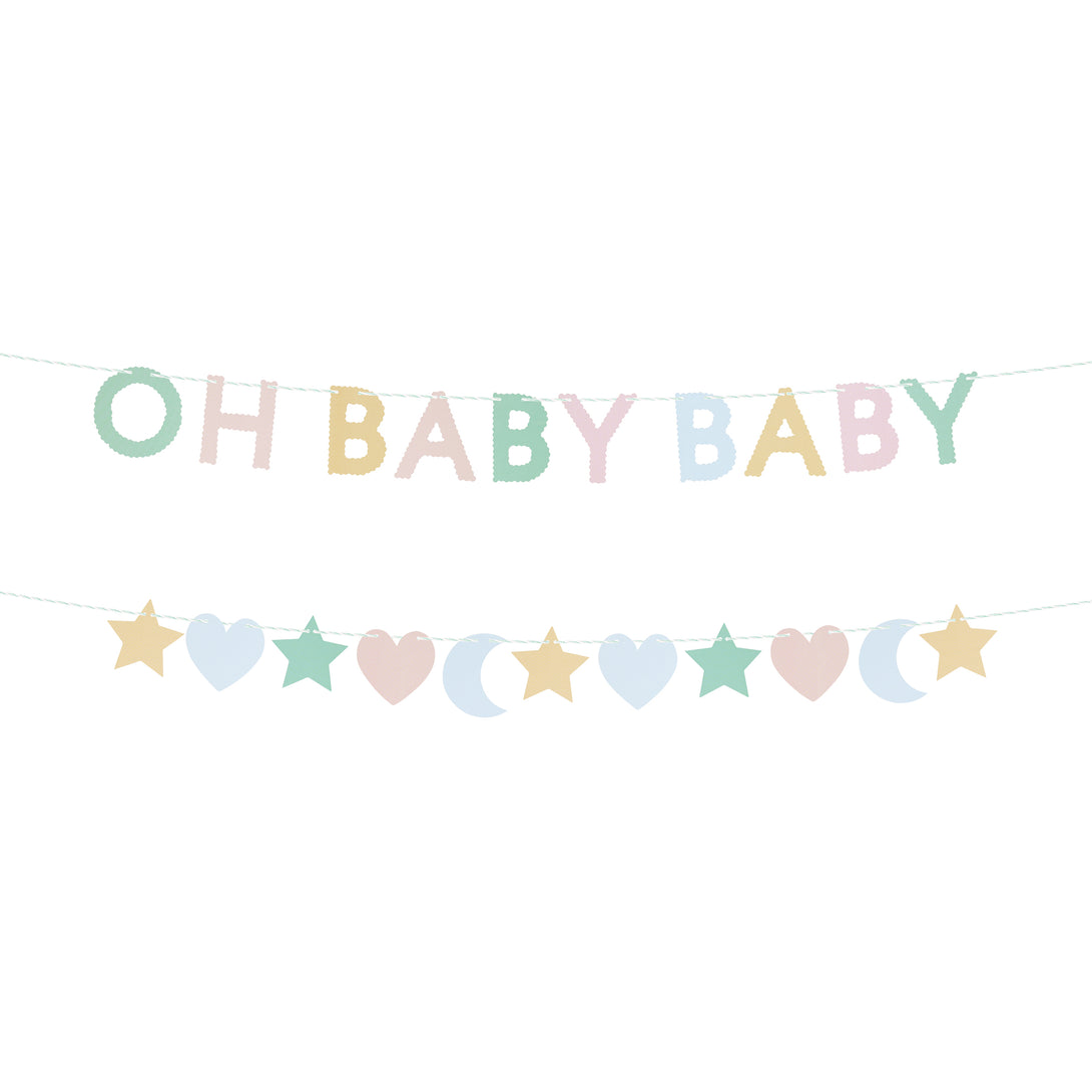 Our baby shower garland set features stars, moons, hearts and the words 'Oh Baby Baby', in pretty pastel colours.