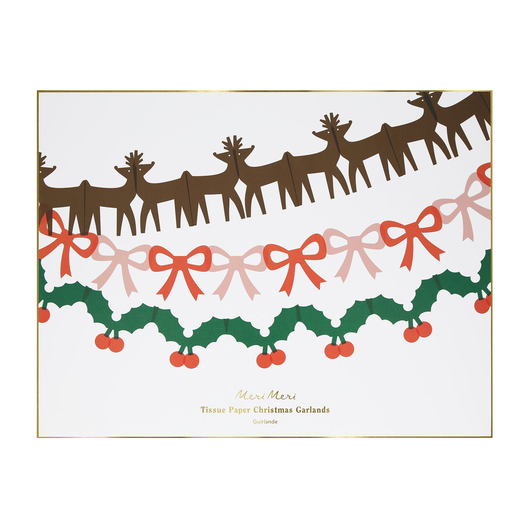 Our classic Christmas garlands, featuring reindeer, bows and holly and berries, are made with colourful tissue paper.