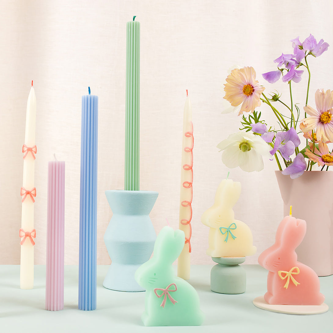 Our Easter candles, in the shape of bunnies with coloured bows and wicks, are perfect for Easter cakes or as Easter decorations.