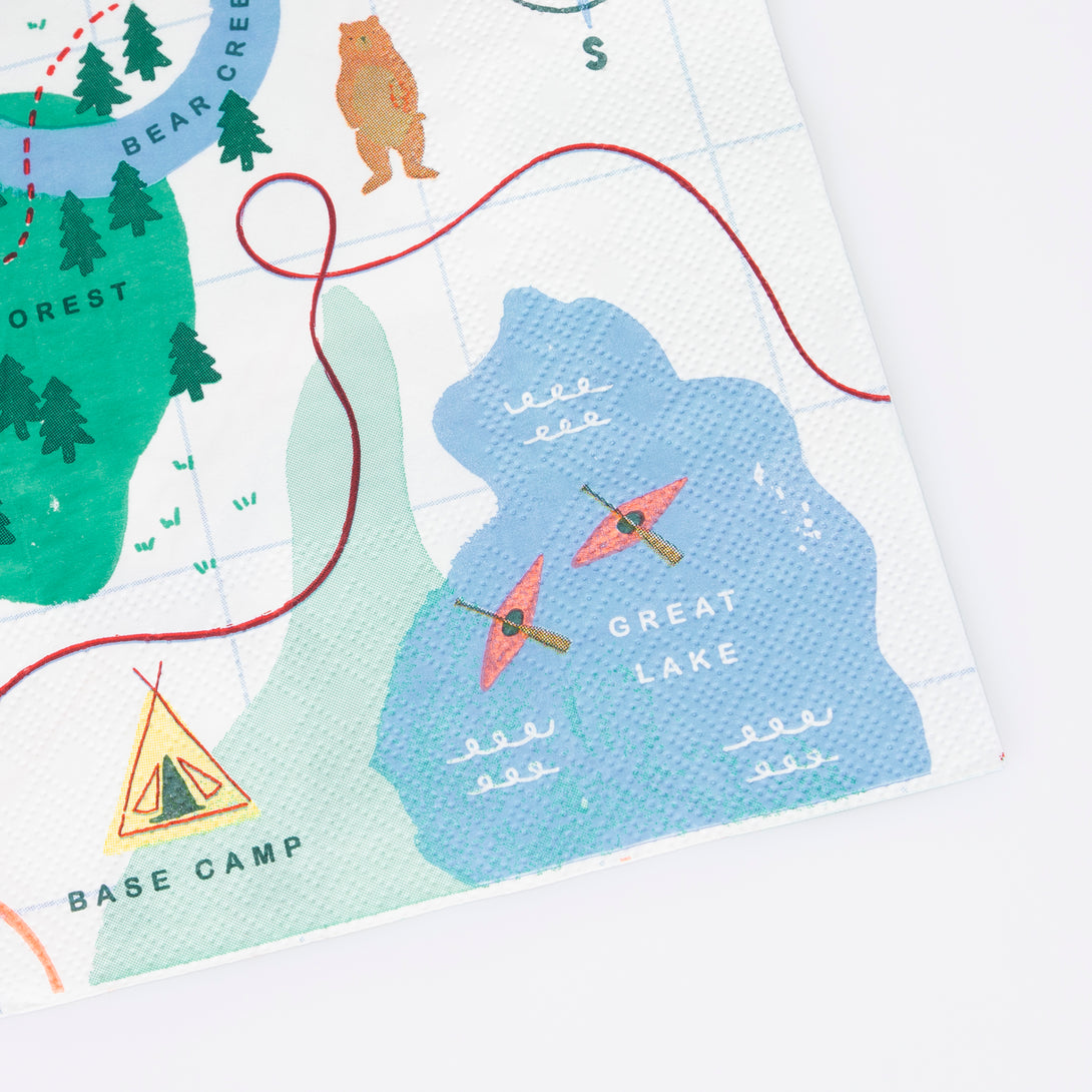 Our party napkins fold out to reveal an adventure map, ideal for outdoor parties and woodland party themes.