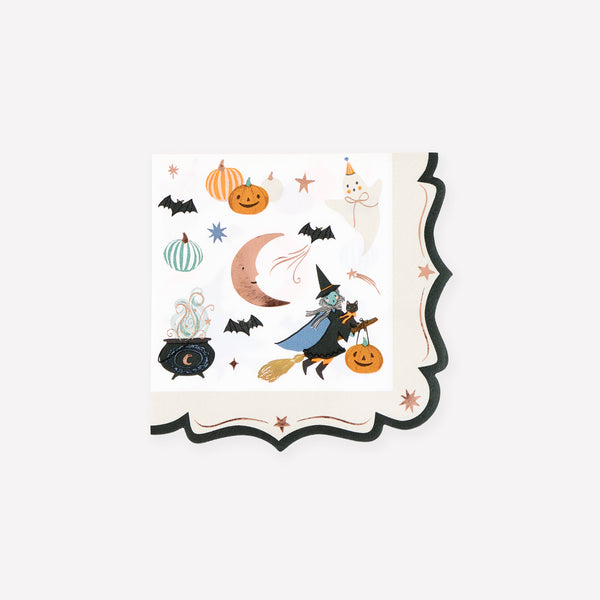 Our 3-ply paper Halloween napkins feature fun characters, shiny copper foil details and an ornate edge, great for a playfully elegant look. Image1