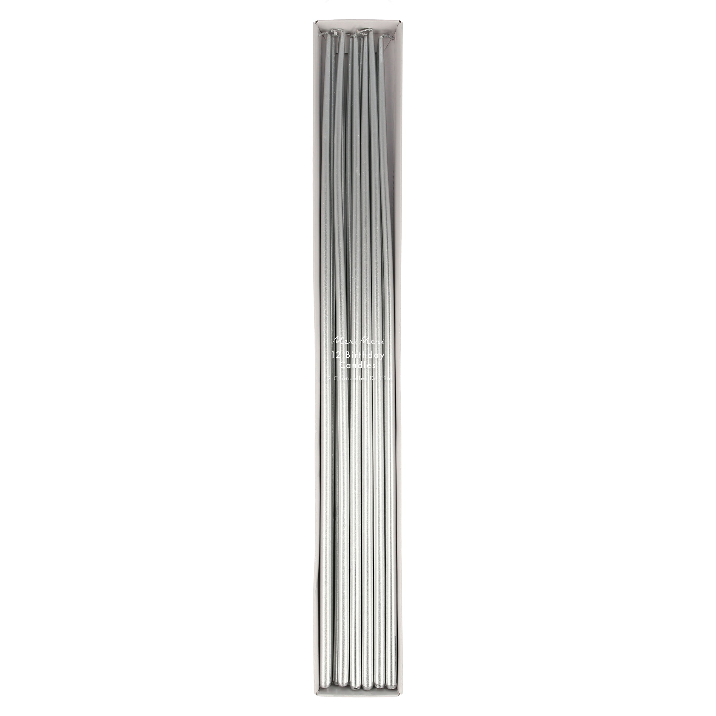 Our shiny silver candles, designed as tapered candles, are super tall for a special birthday cake decoration.