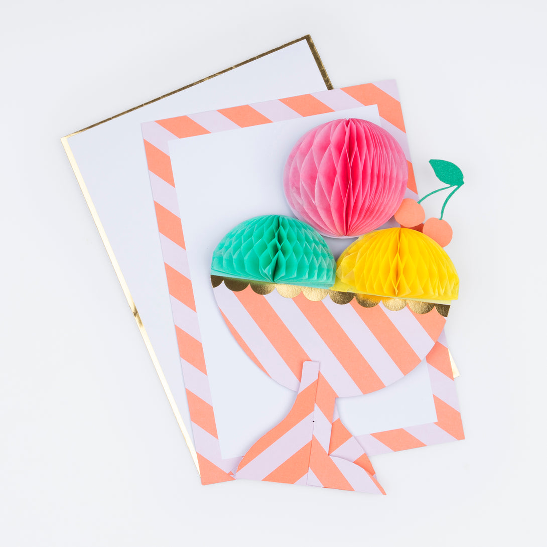 3D honeycomb ice cream and sensational stripes are a cool combination for a special birthday card.