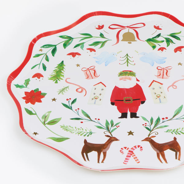 Our Christmas dinner plates, made from heavyweight paper, feature a painterly folk-inspired scene of Santa that's perfect for guests of all ages. Image3