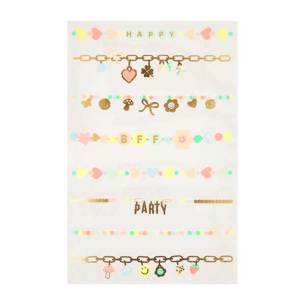 Our bracelet temporary tattoos feature charm designs in bright colours with shiny gold foil details for a stylish look, a great party activity. Image2