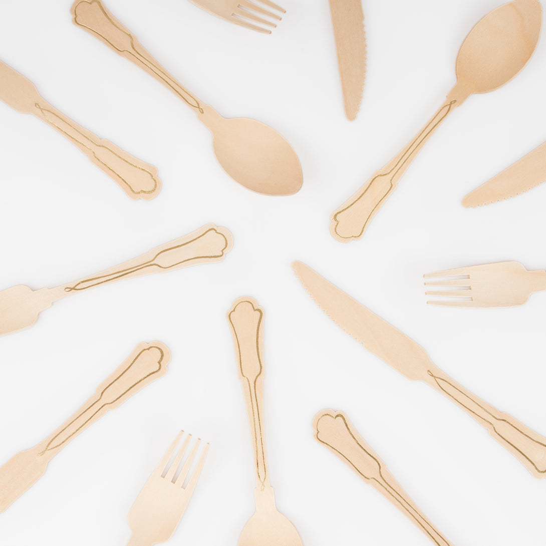 Our wooden knives, forks and spoons feature gold foil details, making them perfect as garden party cutlery.