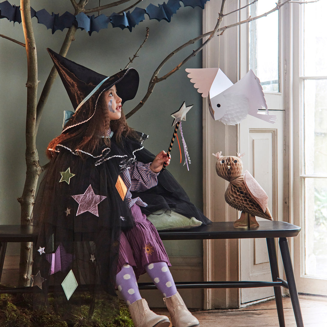 Our luxury witch costume set includes a tulle cape, an witch hat with a velvet bow and a colourful ribbon wand with a silver sequin star.