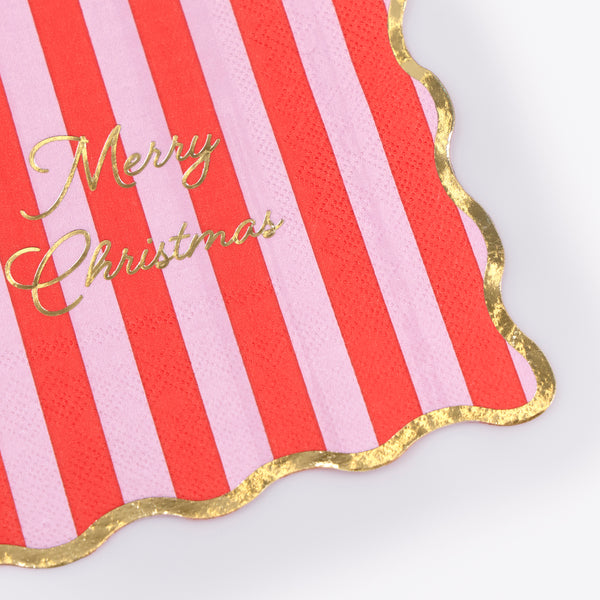 Our Christmas paper napkins, in a large size, feature vibrant stripes, scalloped edges and gold foil details for a practical and decorative look. Image3