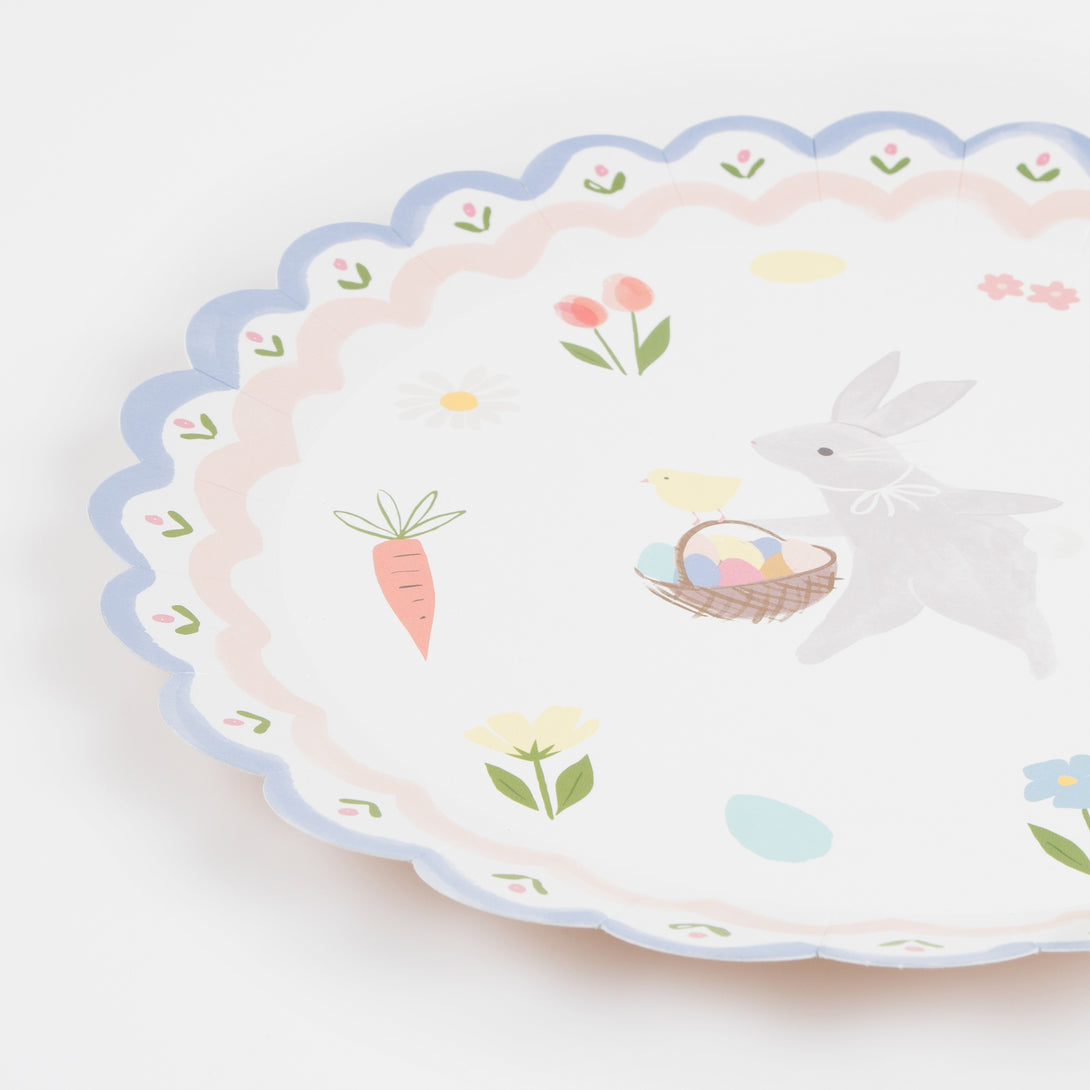 Our Easter paper plates have an Easter bunny and cute chick design with a pretty scalloped edge.