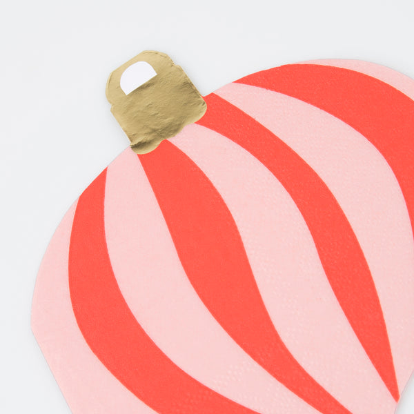 Our Christmas party napkins are made in the shape of decorations with stripes and gold foil details. Image2
