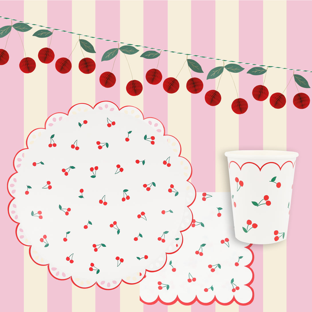Use our special cherry party supplies for a vibrant look at your parties, our set includes paper plates, cups, napkins and a honeycomb garland. 