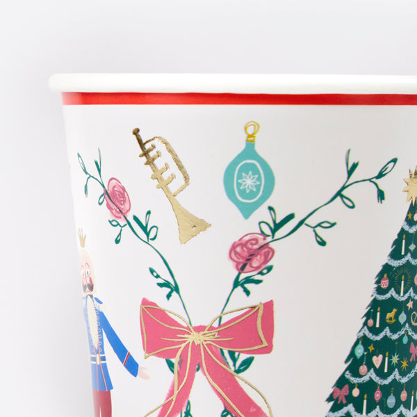 Our paper Nutcracker Christmas cups feature a design inspired by New York City Ballet's The Nutcracker, suitable for hot and cold drinks. Image3
