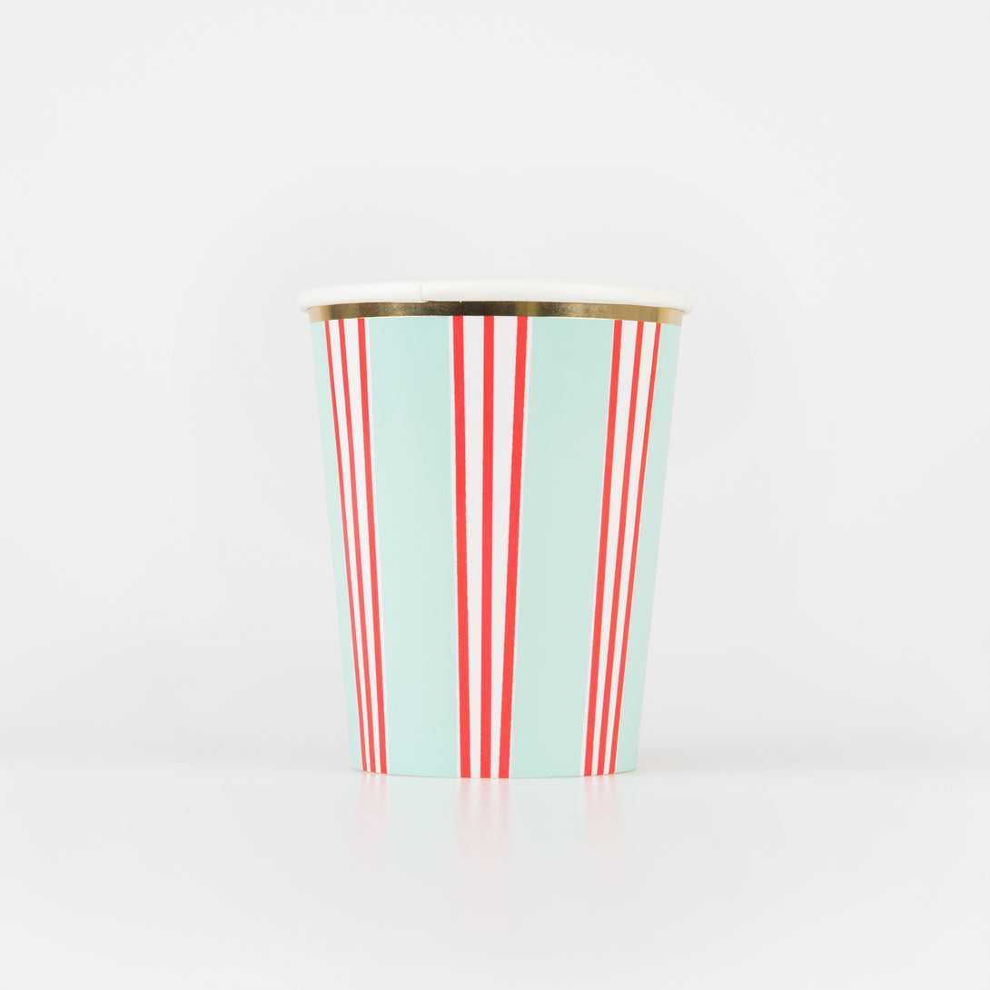 Our party cups with festive stripes are perfect to add to your Christmas party table.