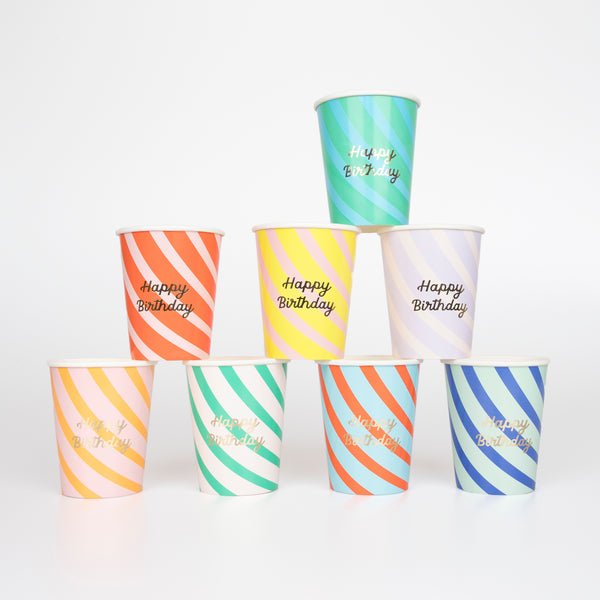 Our birthday cups look amazing with bright stripes of colour and shiny gold foil details.