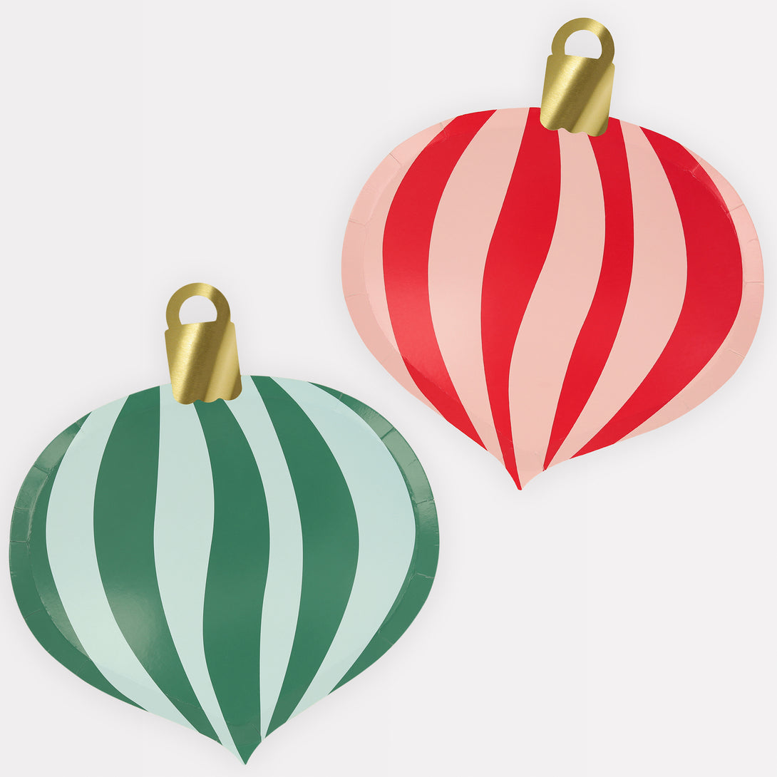 Our Christmas paper plates, in the shape of Christmas decorations, have bright stripes of green, mint, red and pink for a fun look.