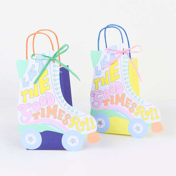 Our party bags, in a fun roller skate shaped design, feature paper based raffia bows, twisted paper handles, and lots of groovy colours. Image2