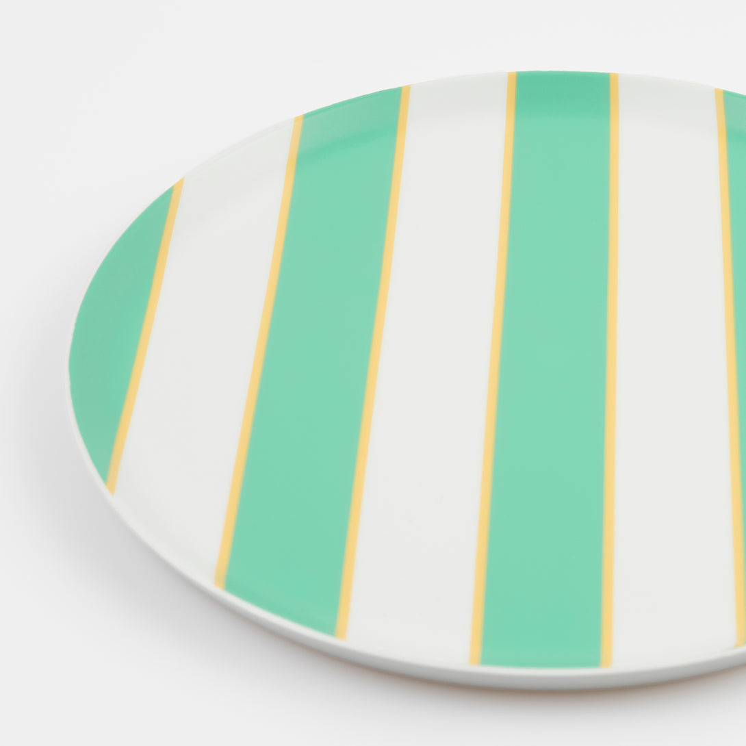 Our recycled plastic plates, with coloured stripes, are reusable for party after party.