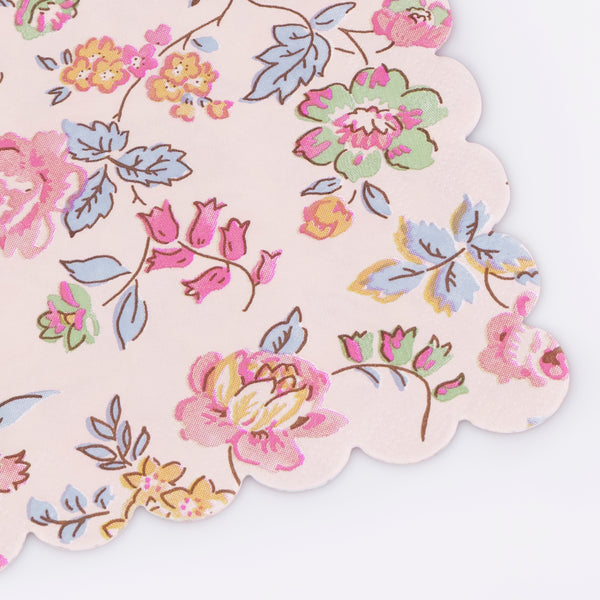 Our paper napkins feature a pretty chintz design in shades of pink, blue, green and yellow, with a stylish scalloped edge. Image2
